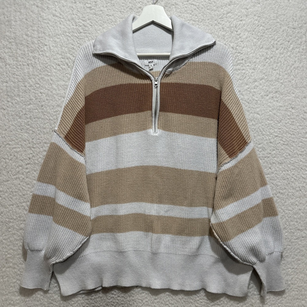 Aerie Beyond Neutral Stripe Knit Oversized Slouchy‎ 1/4 Zip Pullover Sweater XL